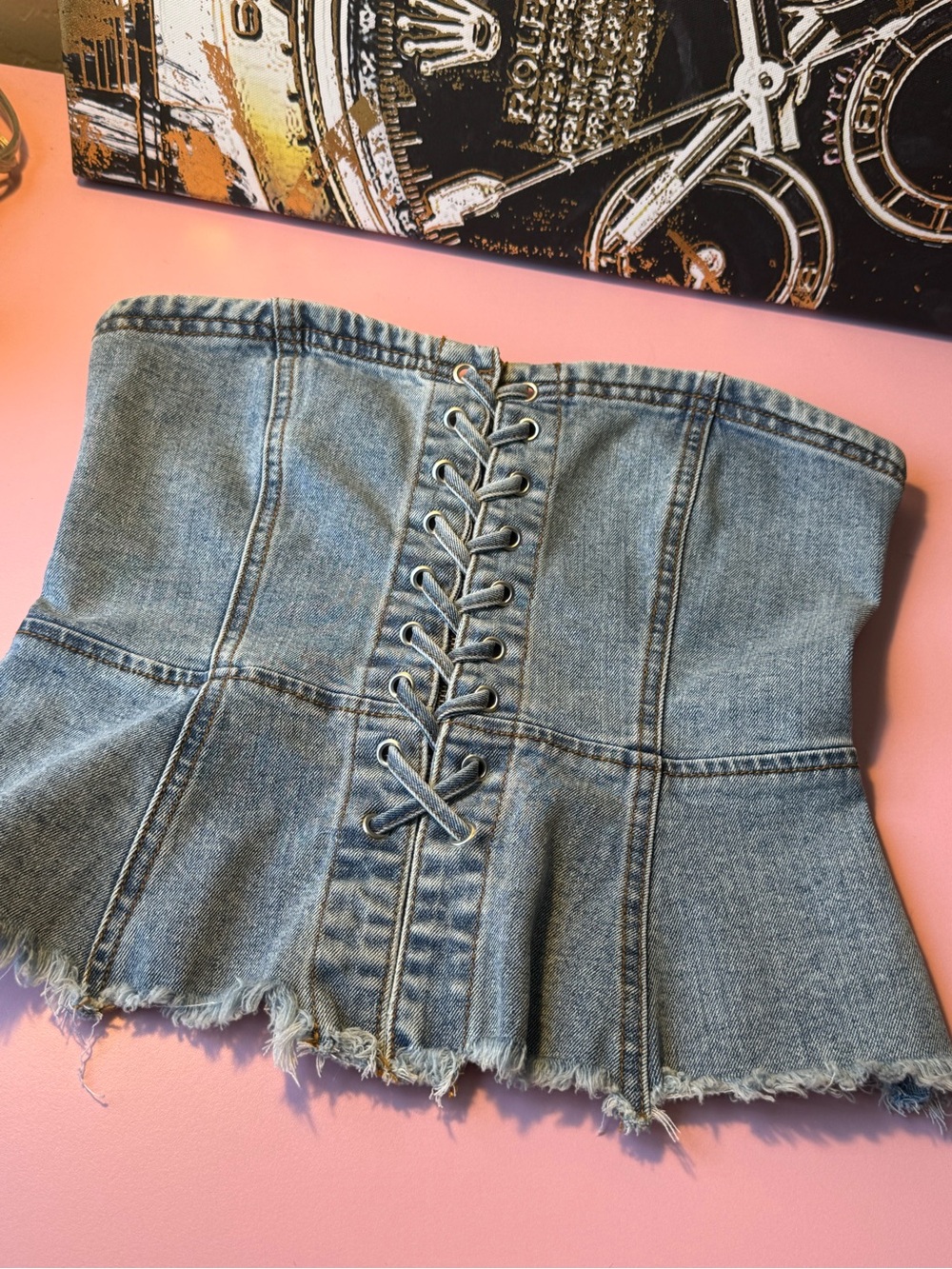 Forever 21 Light Blue Denim Corset Top with Lace-Up
